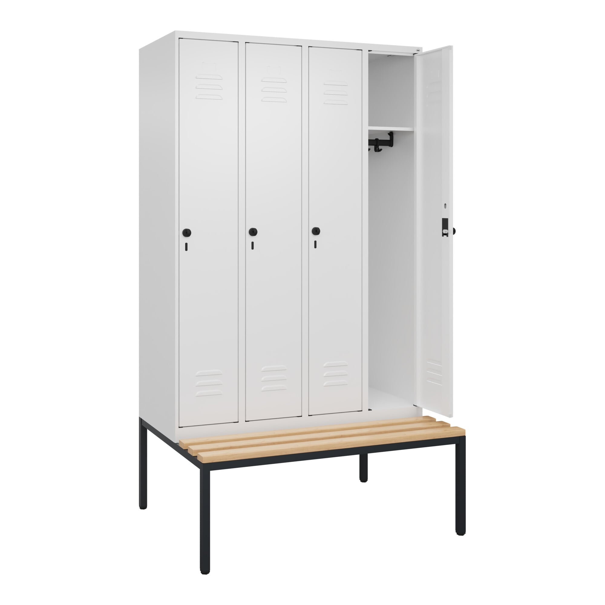 C+P Spind Classic PLUS, Bank, 4 Abteile, 2120x1200x815mm, 9016/9016 Verschluss Sicherheits-Drehriegel 3 Garderobenhaken Sitzbanktyp untergebaut ; C