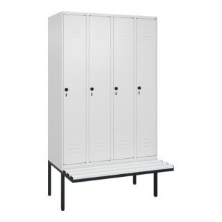 C+P Spind Classic PLUS, Bank, 4 Abteile, 2120x1200x815mm, 9016/9016 Verschluss Sicherheits-Drehriegel 4 Garderobenhaken Trennwand mittig Dekor Banklatten RAL 9010 Reinweiß Sitzbanktyp auskragend
