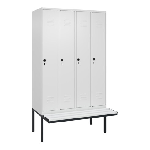 C+P Spind Classic PLUS, Bank, 4 Abteile, 2120x1200x815mm, 9016/9016 Verschluss Sicherheits-Drehriegel 4 Garderobenhaken Trennwand mittig Dekor Banklatten RAL 9010 Reinweiß Sitzbanktyp auskragend