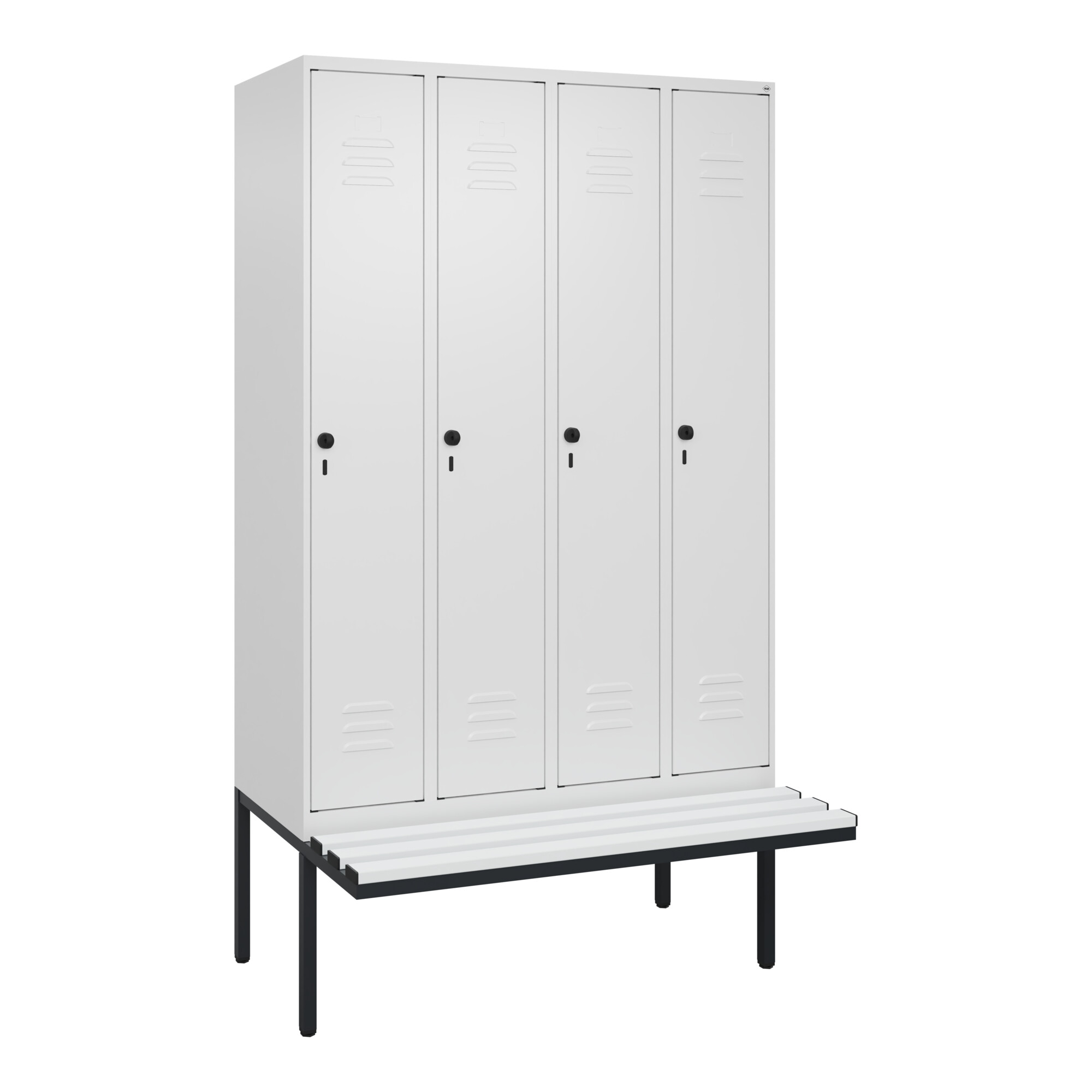 C+P Spind Classic PLUS, Bank, 4 Abteile, 2120x1200x815mm, 9016/9016 Verschluss Sicherheits-Drehriegel 4 Garderobenhaken Trennwand mittig Dekor Banklat