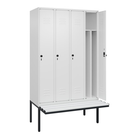 C+P Spind Classic PLUS, Bank, 4 Abteile, 2120x1200x815mm, 9016/9016 Verschluss Sicherheits-Drehriegel 4 Garderobenhaken Trennwand mittig Dekor Banklatten RAL 9010 Reinweiß Sitzbanktyp auskragend