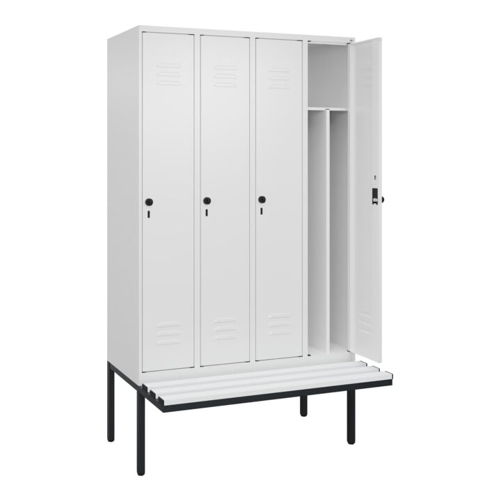 C+P Spind Classic PLUS, Bank, 4 Abteile, 2120x1200x815mm, 9016/9016 Verschluss Sicherheits-Drehriegel 4 Garderobenhaken Trennwand mittig Dekor Banklatten RAL 9010 Reinweiß Sitzbanktyp auskragend