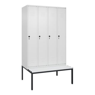 C+P Spind Classic PLUS, Bank, 4 Abteile, 2120x1200x815mm, 9016/9016 Verschluss Sicherheits-Drehriegel 4 Garderobenhaken Trennwand mittig Dekor Banklatten RAL 9010 Reinweiß Sitzbanktyp untergebaut