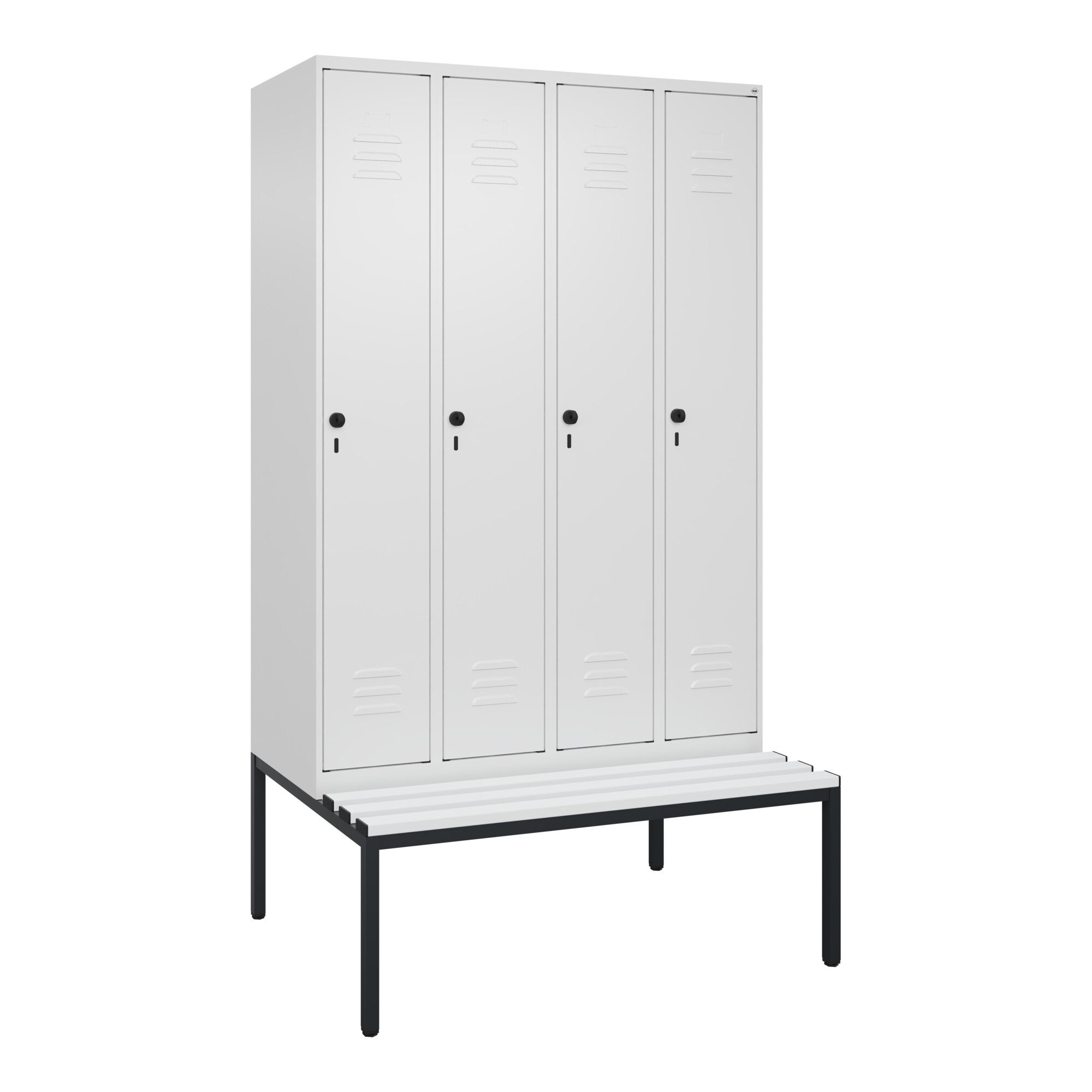 C+P Spind Classic PLUS, Bank, 4 Abteile, 2120x1200x815mm, 9016/9016 Verschluss Sicherheits-Drehriegel 4 Garderobenhaken Trennwand mittig Dekor Banklat