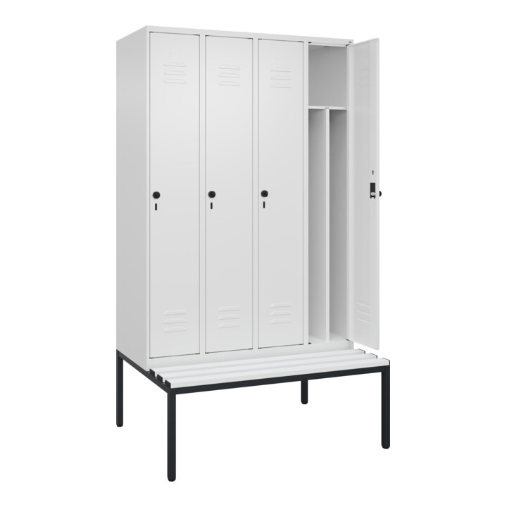 C+P Spind Classic PLUS, Bank, 4 Abteile, 2120x1200x815mm, 9016/9016 Verschluss Sicherheits-Drehriegel 4 Garderobenhaken Trennwand mittig Dekor Banklatten RAL 9010 Reinweiß Sitzbanktyp untergebaut