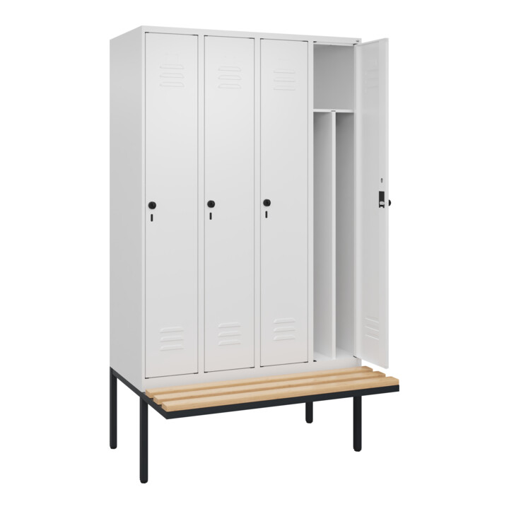 C+P Spind Classic PLUS, Bank, 4 Abteile, 2120x1200x815mm, 9016/9016 Verschluss Sicherheits-Drehriegel 4 Garderobenhaken Trennwand mittig  Sitzbanktyp auskragend