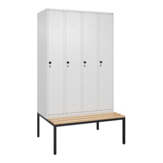 C+P Spind Classic PLUS, Bank, 4 Abteile, 2120x1200x815mm, 9016/9016 Verschluss Sicherheits-Drehriegel 4 Garderobenhaken Trennwand mittig  Sitzbanktyp untergebaut