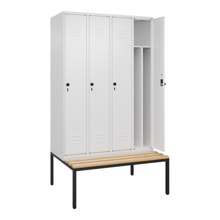 C+P Spind Classic PLUS, Bank, 4 Abteile, 2120x1200x815mm, 9016/9016 Verschluss Sicherheits-Drehriegel 4 Garderobenhaken Trennwand mittig  Sitzbanktyp untergebaut