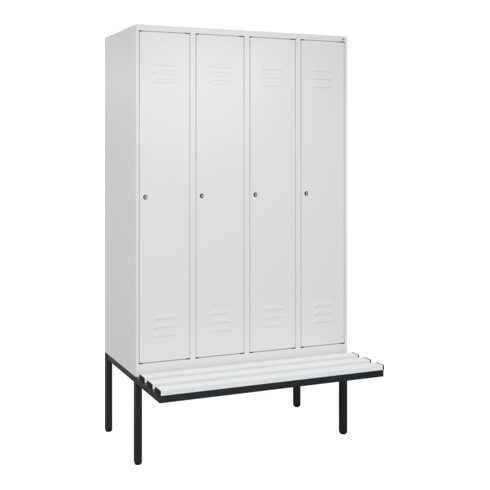 C+P Spind Classic PLUS, Bank, 4 Abteile, 2120x1200x815mm, 9016/9016 Verschluss Zylinderschloss 3 Garderobenhaken  Dekor Banklatten RAL 9010 Reinweiß Sitzbanktyp auskragend