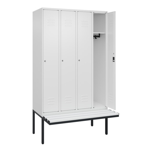 C+P Spind Classic PLUS, Bank, 4 Abteile, 2120x1200x815mm, 9016/9016 Verschluss Zylinderschloss 3 Garderobenhaken  Dekor Banklatten RAL 9010 Reinweiß Sitzbanktyp auskragend