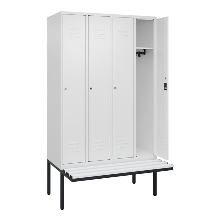 C+P Spind Classic PLUS, Bank, 4 Abteile, 2120x1200x815mm, 9016/9016 Verschluss Zylinderschloss 3 Garderobenhaken  Dekor Banklatten RAL 9010 Reinweiß Sitzbanktyp auskragend