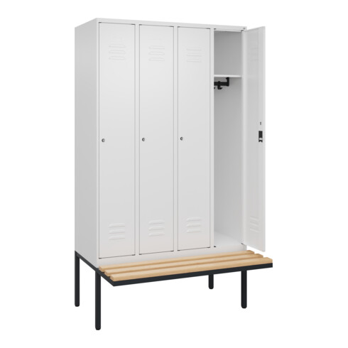 C+P Spind Classic PLUS, Bank, 4 Abteile, 2120x1200x815mm, 9016/9016 Verschluss Zylinderschloss 3 Garderobenhaken   Sitzbanktyp auskragend