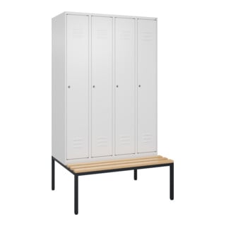 C+P Spind Classic PLUS, Bank, 4 Abteile, 2120x1200x815mm, 9016/9016 Verschluss Zylinderschloss 3 Garderobenhaken   Sitzbanktyp untergebaut