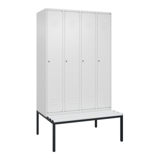 C+P Spind Classic PLUS, Bank, 4 Abteile, 2120x1200x815mm, 9016/9016 Verschluss Zylinderschloss 4 Garderobenhaken Trennwand mittig Dekor Banklatten RAL 9010 Reinweiß Sitzbanktyp untergebaut