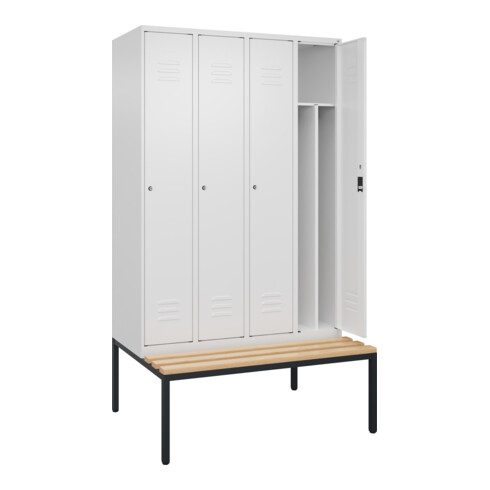 C+P Spind Classic PLUS, Bank, 4 Abteile, 2120x1200x815mm, 9016/9016 Verschluss Zylinderschloss 4 Garderobenhaken Trennwand mittig  Sitzbanktyp untergebaut
