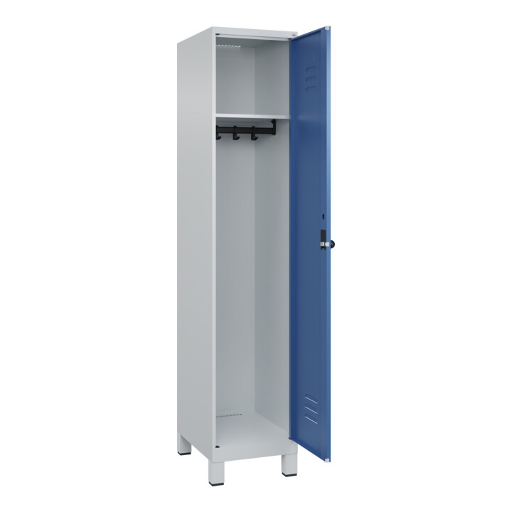 C+P Spind Classic PLUS, Füße, 1 Abteil, 1950x400x500mm, 7035/5023 Verschluss Sicherheits-Drehriegel 4 Garderobenhaken