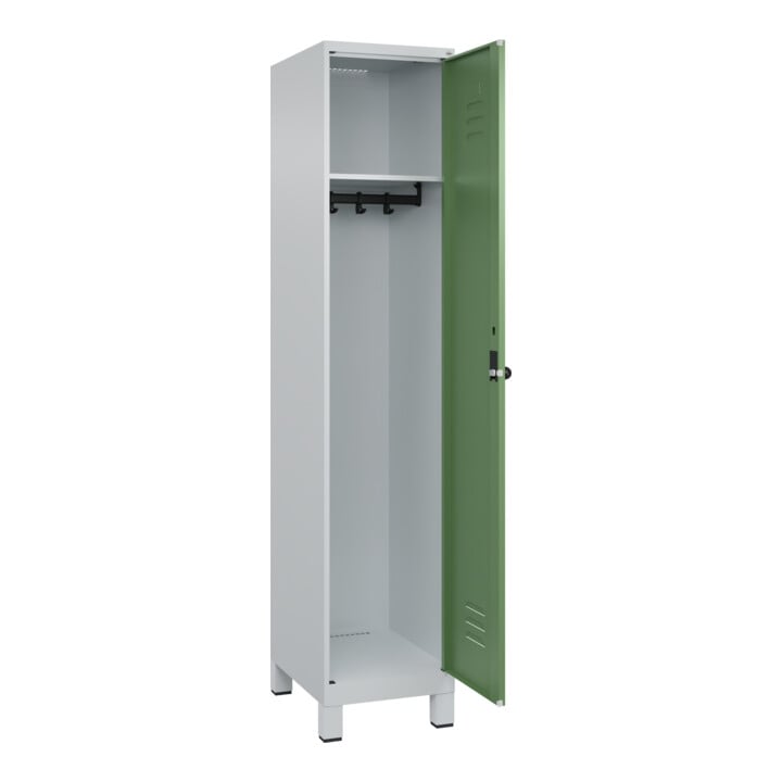 C+P Spind Classic PLUS, Füße, 1 Abteil, 1950x400x500mm, 7035/6011 Verschluss Sicherheits-Drehriegel 4 Garderobenhaken