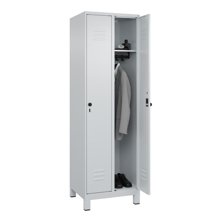 C+P Spind Classic PLUS, Füße, 2 Abteile, 1950x600x500mm, 7035/7035 Verschluss Sicherheits-Drehriegel 3 Garderobenhaken