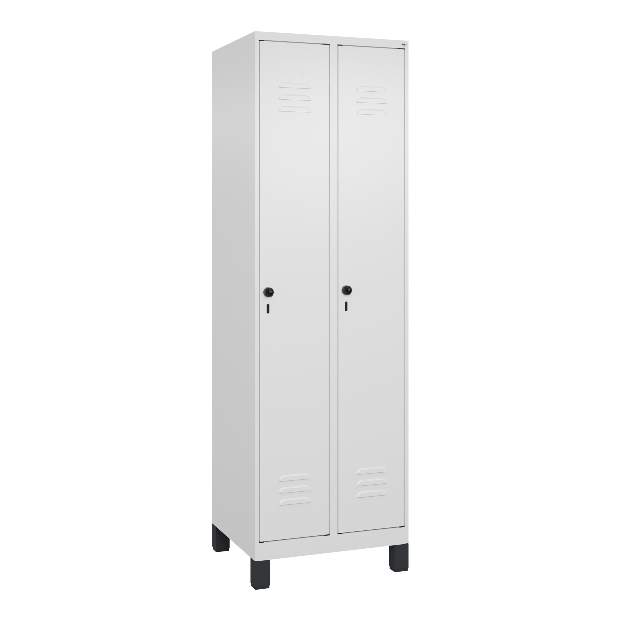 C+P Spind Classic PLUS, Füße, 2 Abteile, 1950x600x500mm, 9016/9016 Verschluss Sicherheits-Drehriegel 4 Garderobenhaken Trennwand mittig ; C + P Möbels