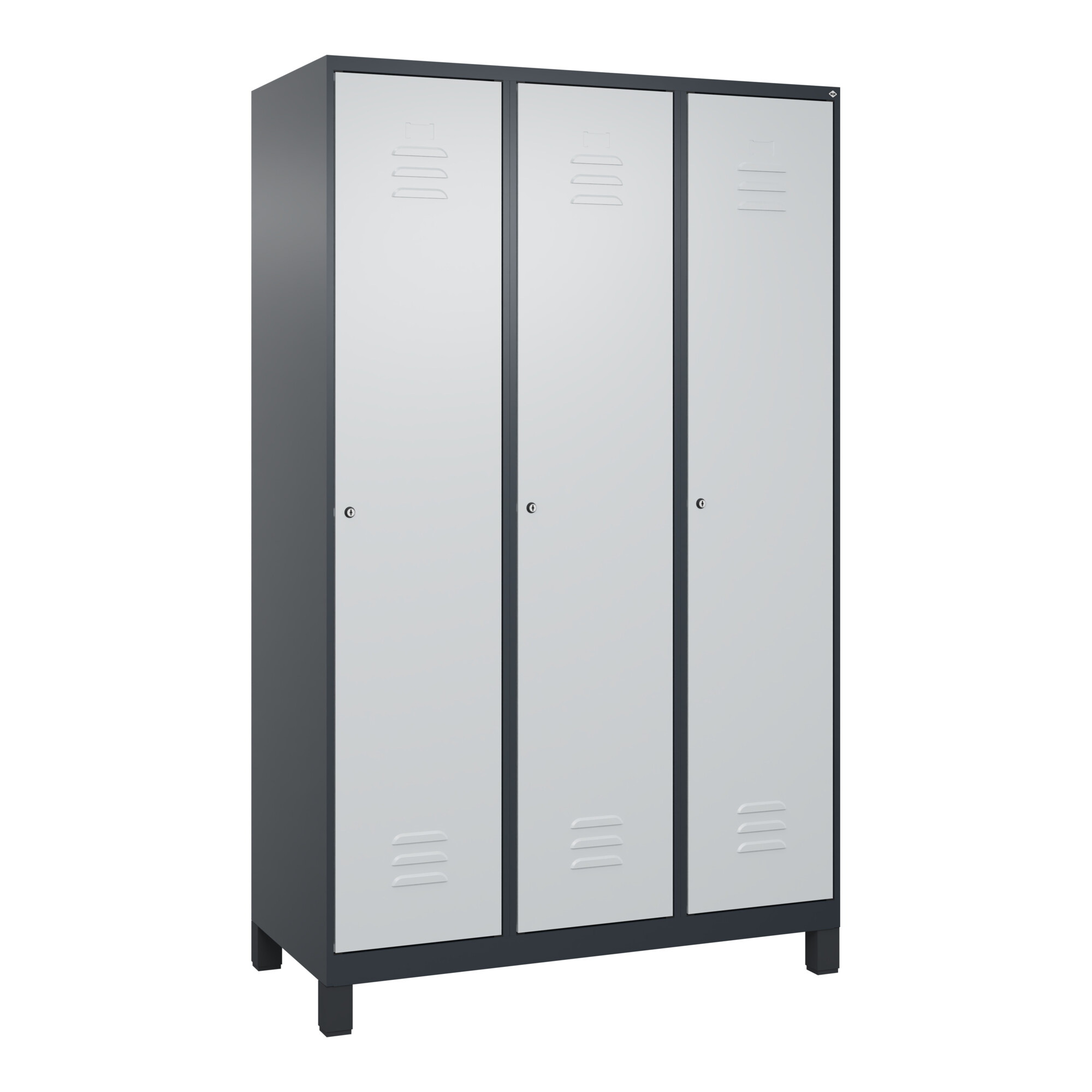 C+P Spind Classic PLUS, Füße, 3 Abteile, 1950x1200x500mm, 7016/7035 Verschluss Zylinderschloss 4 Garderobenhaken ; C + P Möbelsysteme