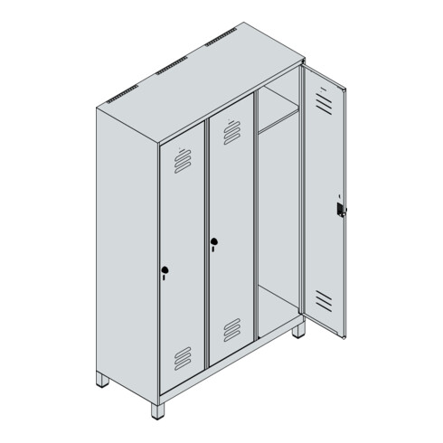 C+P Spind Classic PLUS, Füße, 3 Abteile, 1950x1200x500mm, 7035/7016 Verschluss Zylinderschloss 4 Garderobenhaken