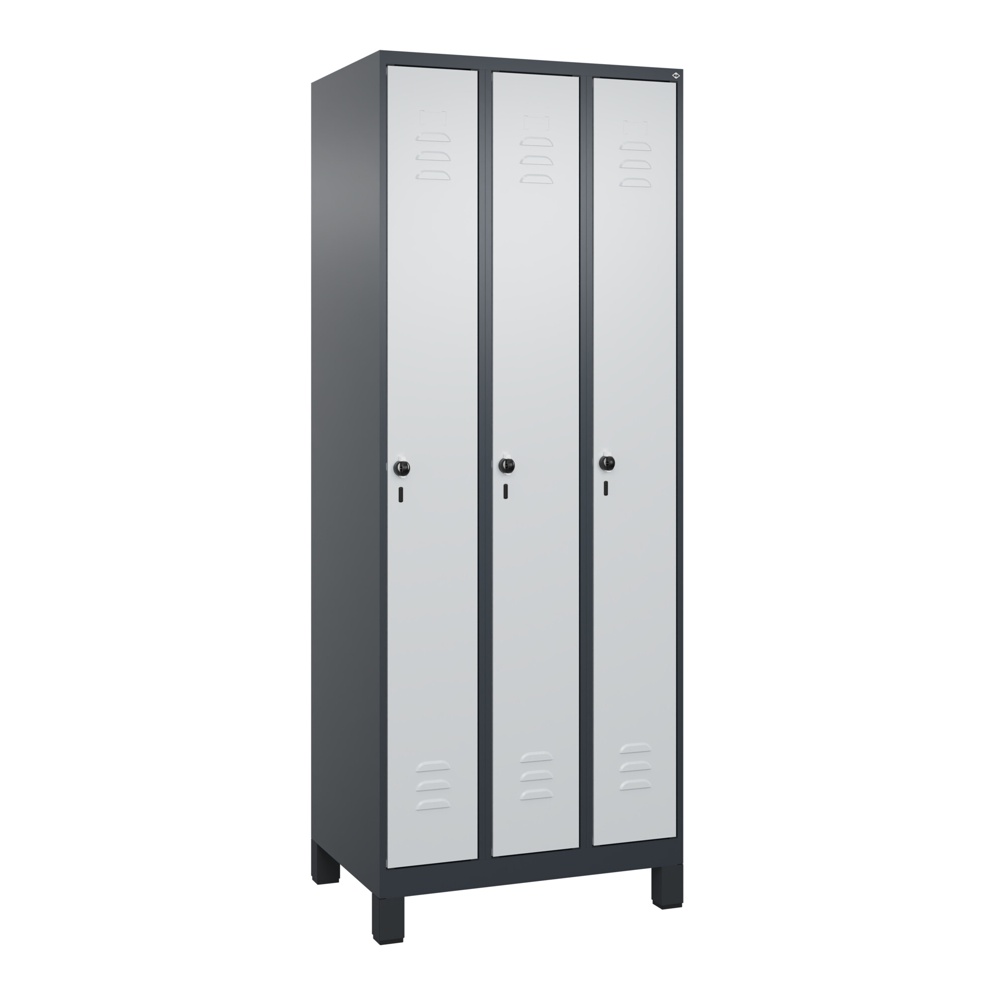 C+P Spind Classic PLUS, Füße, 3 Abteile, 1950x750x500mm, 7016/7035 Verschluss Sicherheits-Drehriegel 3 Garderobenhaken ; C + P Möbelsysteme