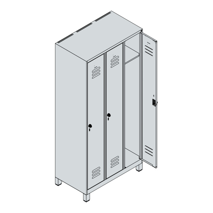 C+P Spind Classic PLUS, Füße, 3 Abteile, 1950x900x500mm, 7035/5010 Verschluss Sicherheits-Drehriegel 3 Garderobenhaken