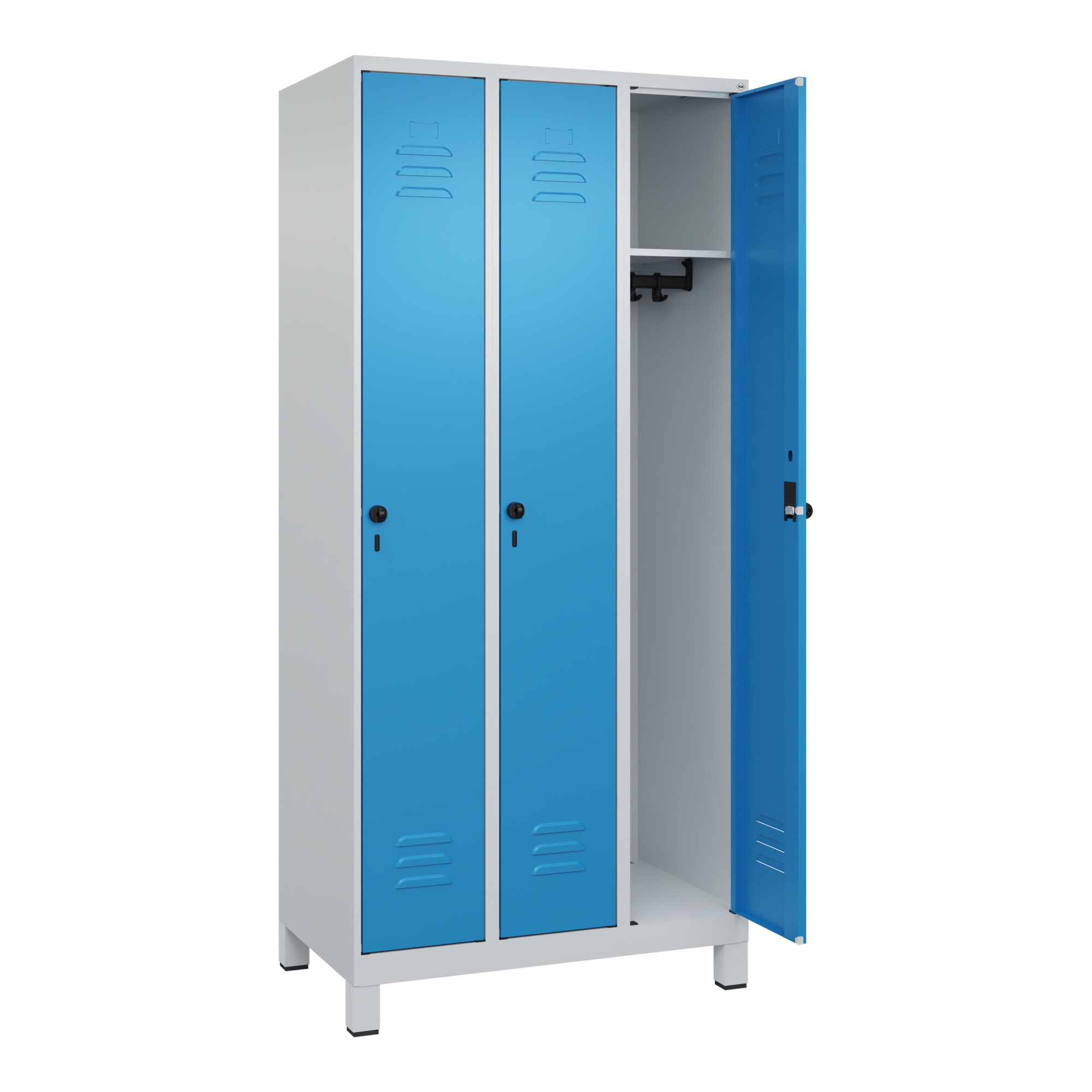 C+P Spind Classic PLUS, Füße, 3 Abteile, 1950x900x500mm, 7035/5012 Verschluss Sicherheits-Drehriegel 3 Garderobenhaken ; C + P Möbelsysteme