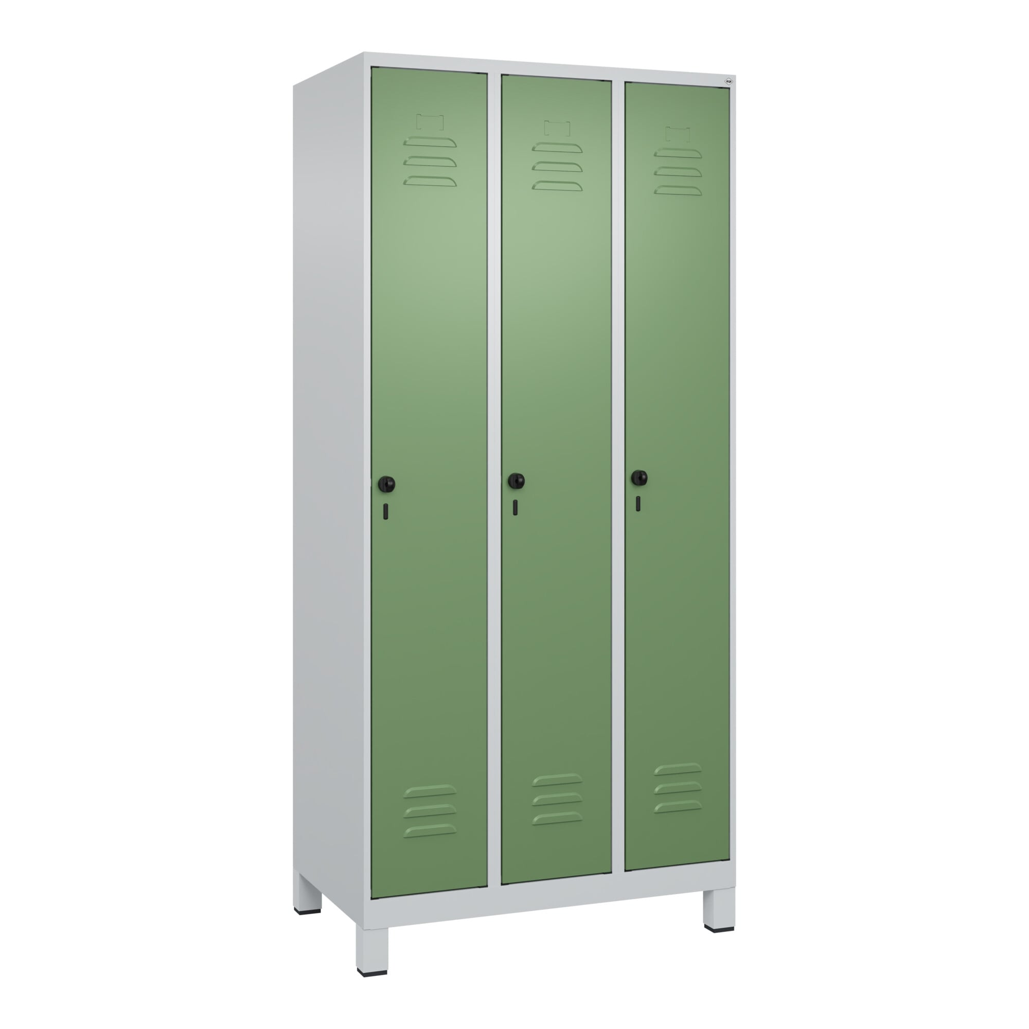 C+P Spind Classic PLUS, Füße, 3 Abteile, 1950x900x500mm, 7035/6011 Verschluss Sicherheits-Drehriegel 3 Garderobenhaken ; C + P Möbelsysteme