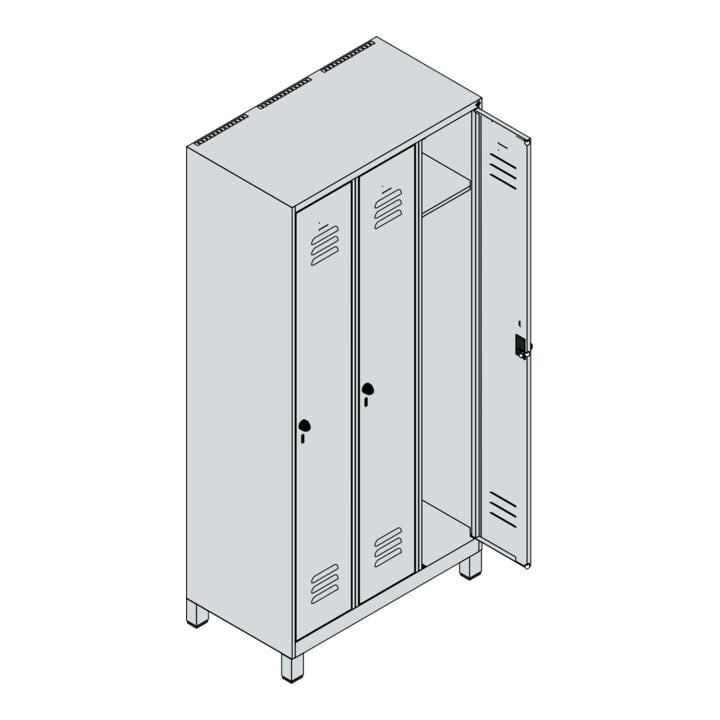 C+P Spind Classic PLUS, Füße, 3 Abteile, 1950x900x500mm, 7035/7035 Verschluss Sicherheits-Drehriegel 3 Garderobenhaken