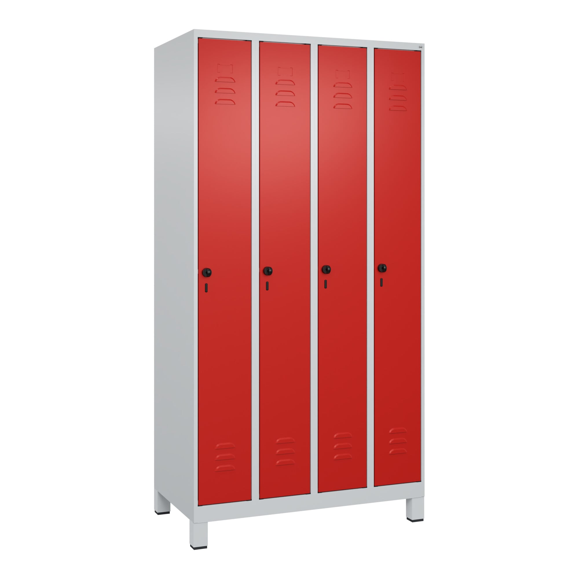 C+P Spind Classic PLUS, Füße, 4 Abteile, 1950x1000x500mm, 7035/3020 Verschluss Sicherheits-Drehriegel 3 Garderobenhaken ; C + P Möbelsysteme