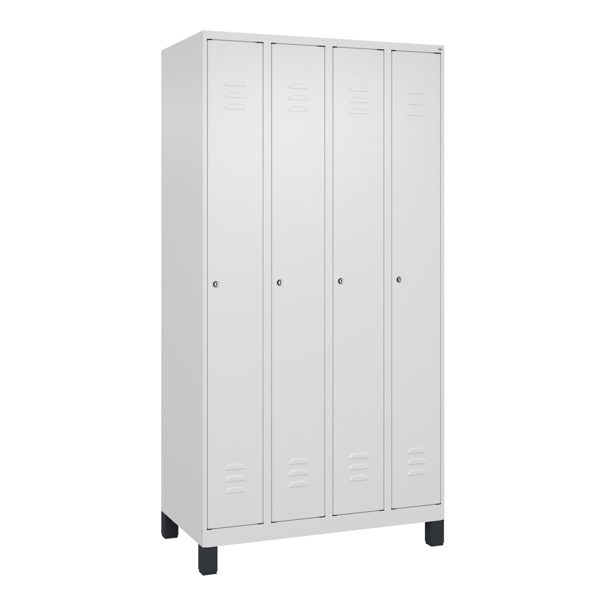 C+P Spind Classic PLUS, Füße, 4 Abteile, 1950x1000x500mm, 9016/9016 Verschluss Zylinderschloss 3 Garderobenhaken ; C + P Möbelsysteme