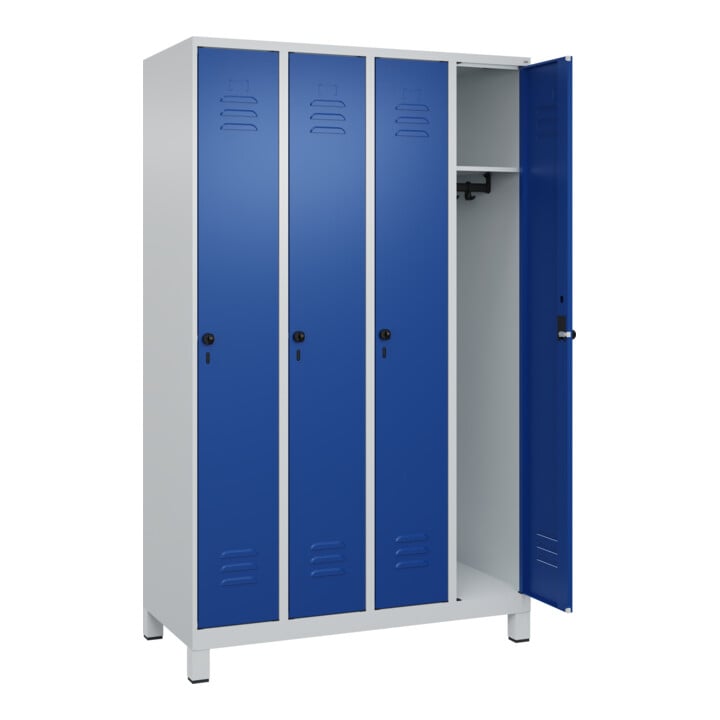 C+P Spind Classic PLUS, Füße, 4 Abteile, 1950x1200x500mm, 7035/5010 Verschluss Sicherheits-Drehriegel 3 Garderobenhaken