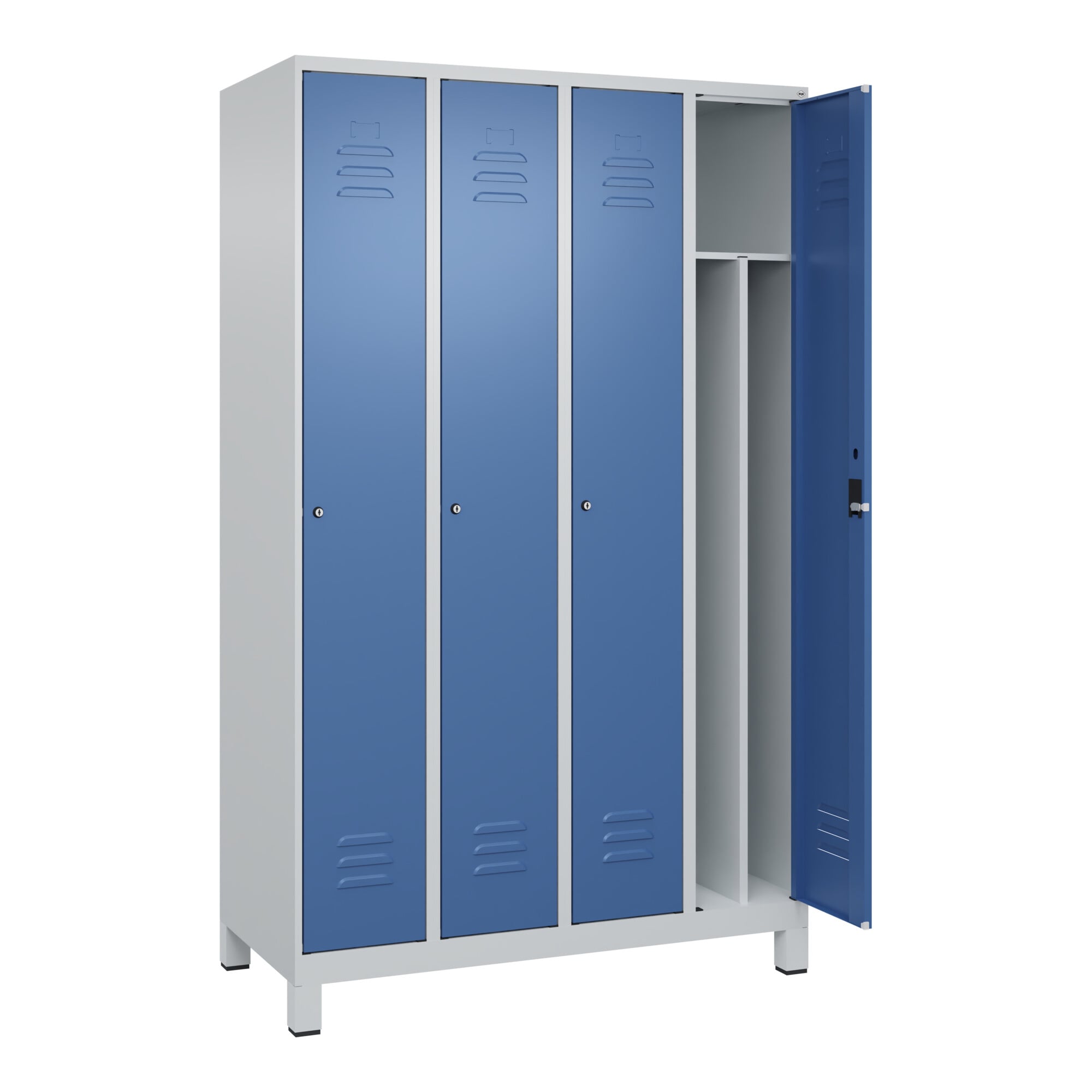 C+P Spind Classic PLUS, Füße, 4 Abteile, 1950x1200x500mm, 7035/5023 Verschluss Zylinderschloss 4 Garderobenhaken Trennwand mittig ; C + P Möbelsysteme