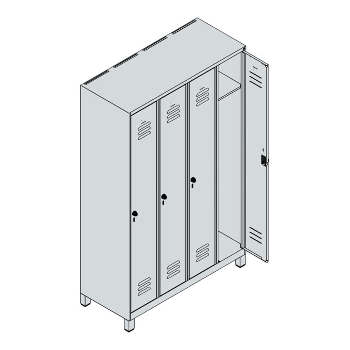 C+P Spind Classic PLUS, Füße, 4 Abteile, 1950x1200x500mm, 7035/7035 Verschluss Sicherheits-Drehriegel 3 Garderobenhaken
