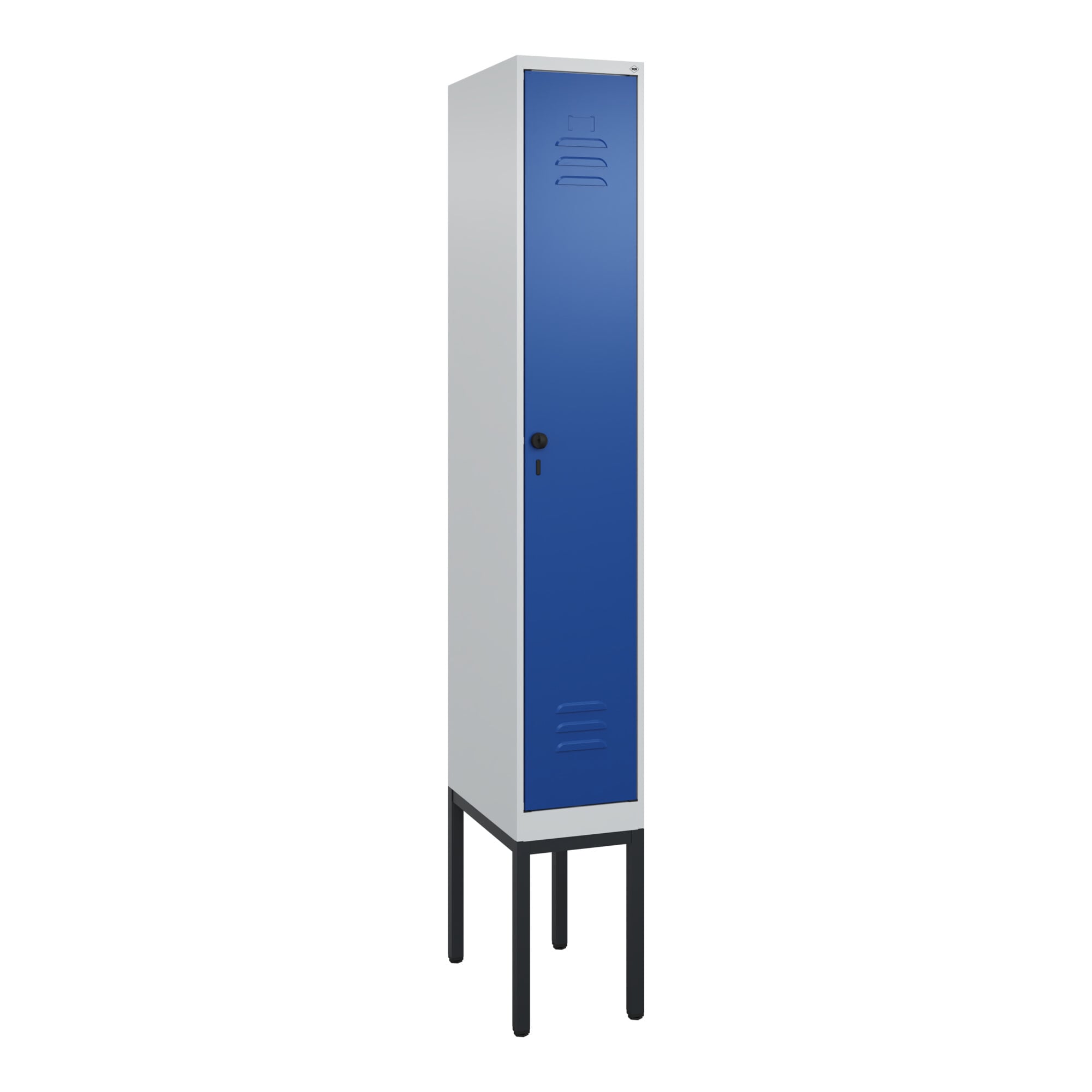C+P Spind Classic PLUS, Gestell, 1 Abteil, 2120x300x500mm, 7035/5010 Verschluss Sicherheits-Drehriegel 4 Garderobenhaken Trennwand mittig ; C + P Möbe