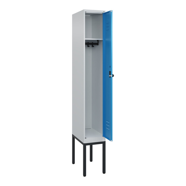 C+P Spind Classic PLUS, Gestell, 1 Abteil, 2120x300x500mm, 7035/5012 Verschluss Sicherheits-Drehriegel 3 Garderobenhaken