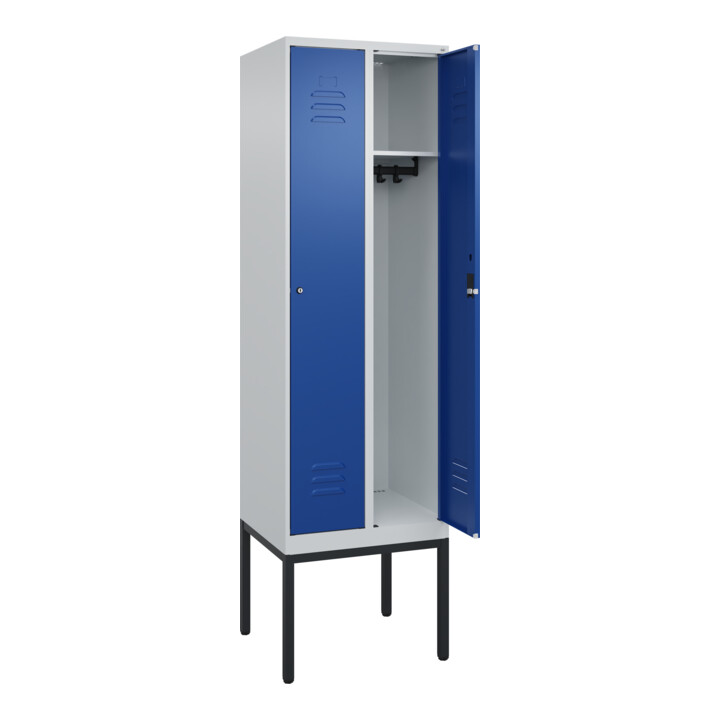 C+P Spind Classic PLUS, Gestell, 2 Abteile, 2120x600x500mm, 7035/5010 Verschluss Zylinderschloss 3 Garderobenhaken