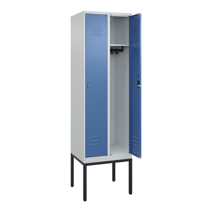 C+P Spind Classic PLUS, Gestell, 2 Abteile, 2120x600x500mm, 7035/5023 Verschluss Zylinderschloss 3 Garderobenhaken