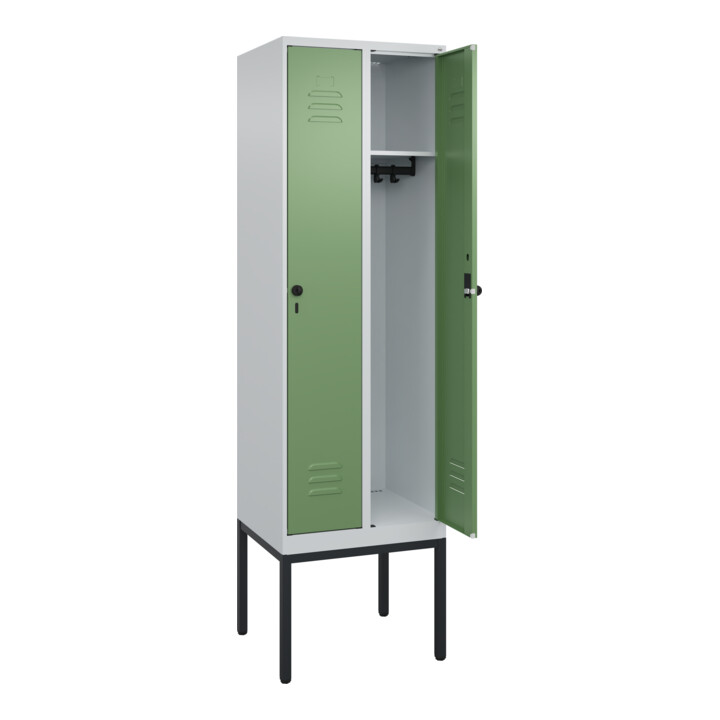 C+P Spind Classic PLUS, Gestell, 2 Abteile, 2120x600x500mm, 7035/6011 Verschluss Sicherheits-Drehriegel 3 Garderobenhaken