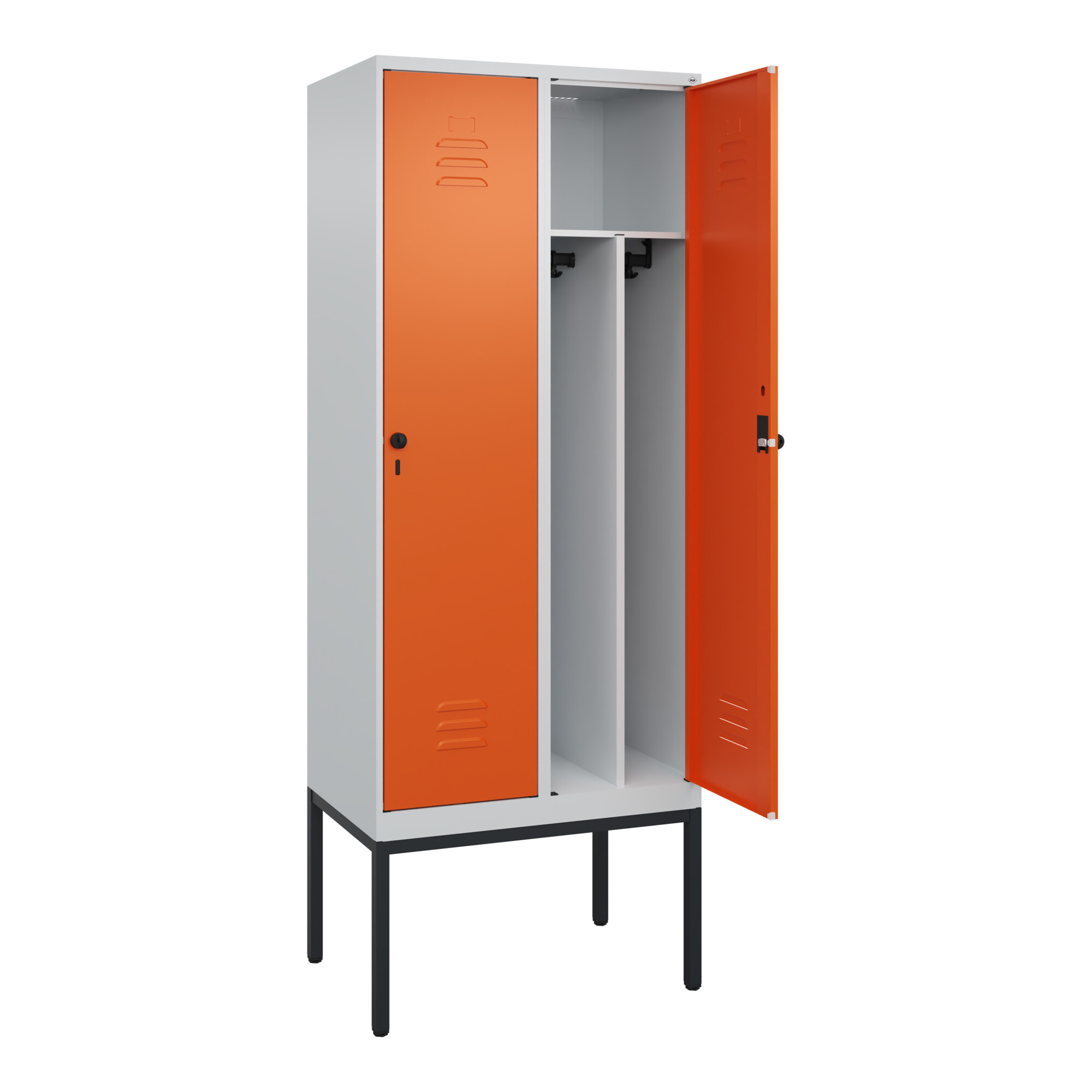 C+P Spind Classic PLUS, Gestell, 2 Abteile, 2120x800x500mm, 7035/2004 Verschluss Sicherheits-Drehriegel 4 Garderobenhaken Trennwand mittig ; C + P Möb