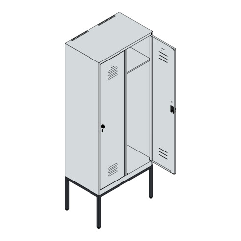 C+P Spind Classic PLUS, Gestell, 2 Abteile, 2120x800x500mm, 7035/3003 Verschluss Sicherheits-Drehriegel 4 Garderobenhaken