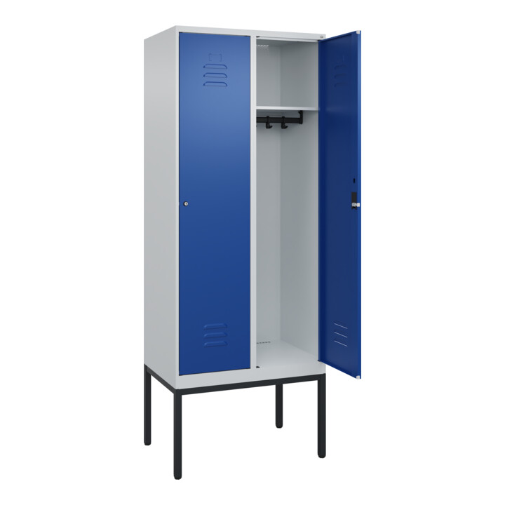C+P Spind Classic PLUS, Gestell, 2 Abteile, 2120x800x500mm, 7035/5010 Verschluss Zylinderschloss 4 Garderobenhaken