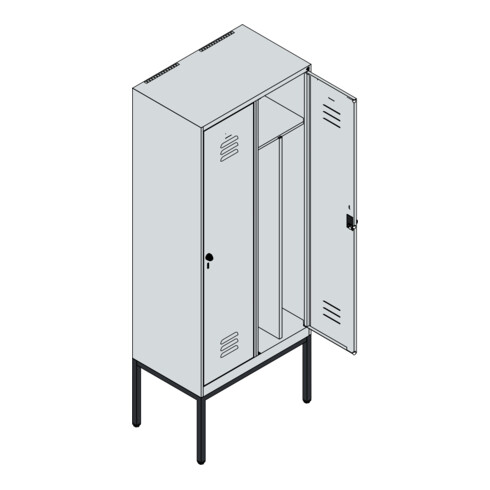 C+P Spind Classic PLUS, Gestell, 2 Abteile, 2120x800x500mm, 7035/5023 Verschluss Sicherheits-Drehriegel 4 Garderobenhaken Trennwand mittig