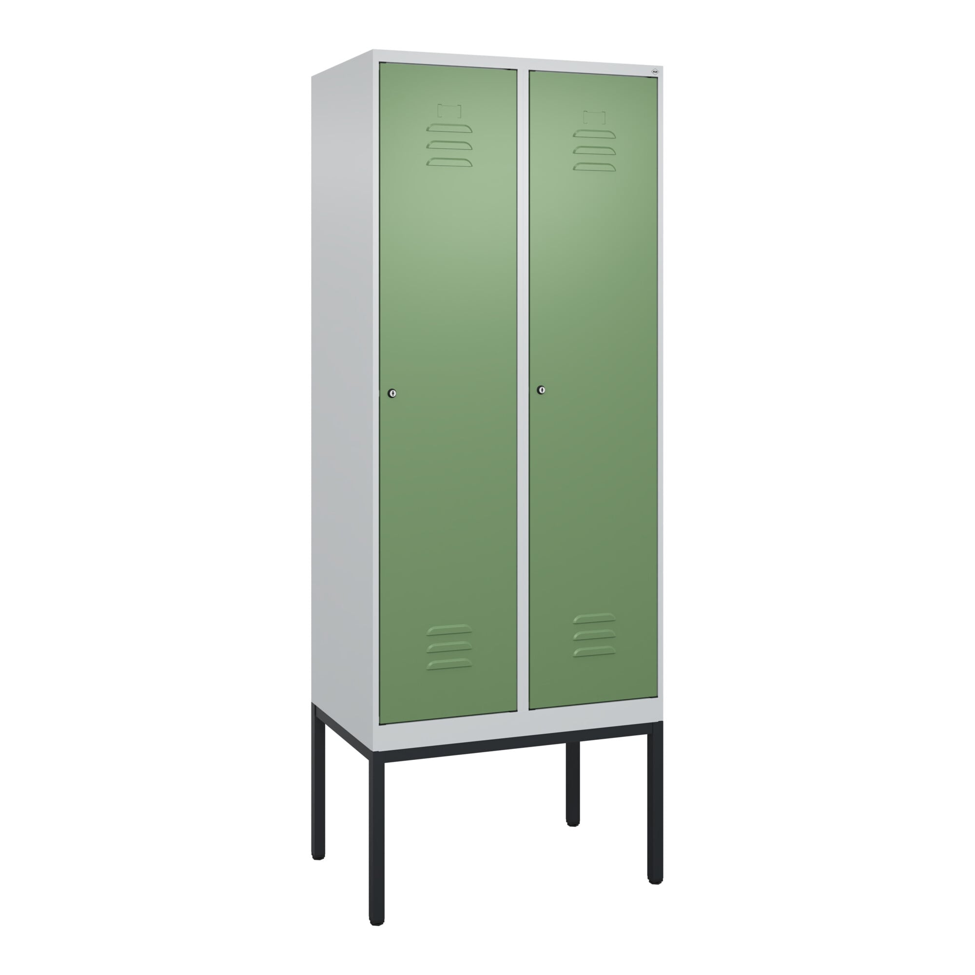 C+P Spind Classic PLUS, Gestell, 2 Abteile, 2120x800x500mm, 7035/6011 Verschluss Zylinderschloss 4 Garderobenhaken ; C + P Möbelsysteme