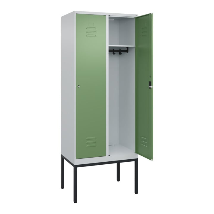 C+P Spind Classic PLUS, Gestell, 2 Abteile, 2120x800x500mm, 7035/6011 Verschluss Zylinderschloss 4 Garderobenhaken