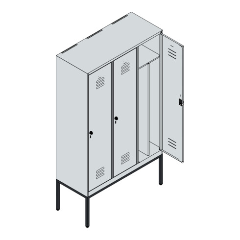 C+P Spind Classic PLUS, Gestell, 3 Abteile, 2120x1200x500mm, 7016/7035 Verschluss Sicherheits-Drehriegel 4 Garderobenhaken Trennwand mittig