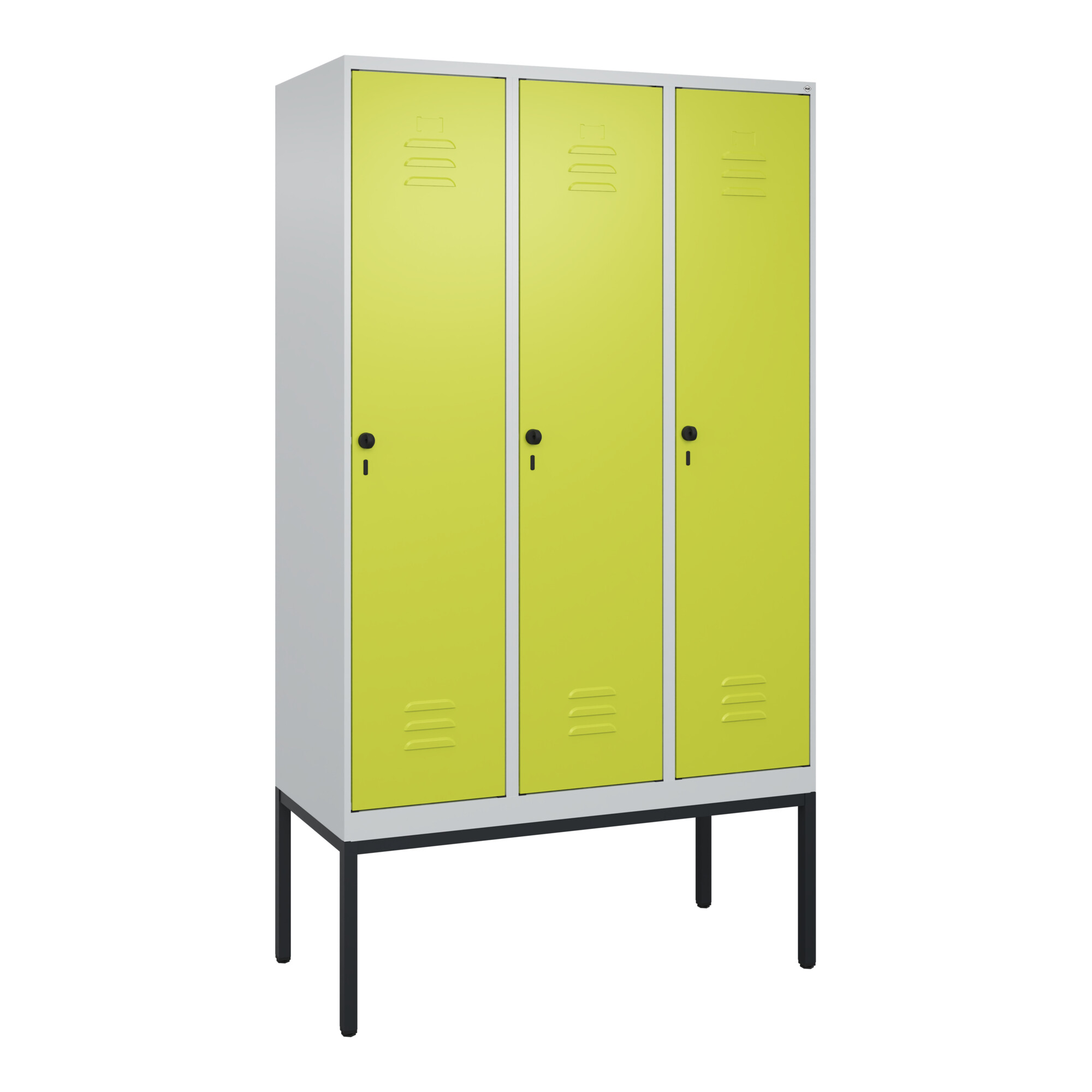 C+P Spind Classic PLUS, Gestell, 3 Abteile, 2120x1200x500mm, 7035/0024 Verschluss Sicherheits-Drehriegel 4 Garderobenhaken Trennwand mittig ; C + P Mö