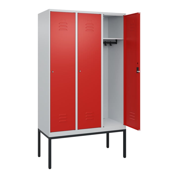 C+P Spind Classic PLUS, Gestell, 3 Abteile, 2120x1200x500mm, 7035/3020 Verschluss Zylinderschloss 4 Garderobenhaken