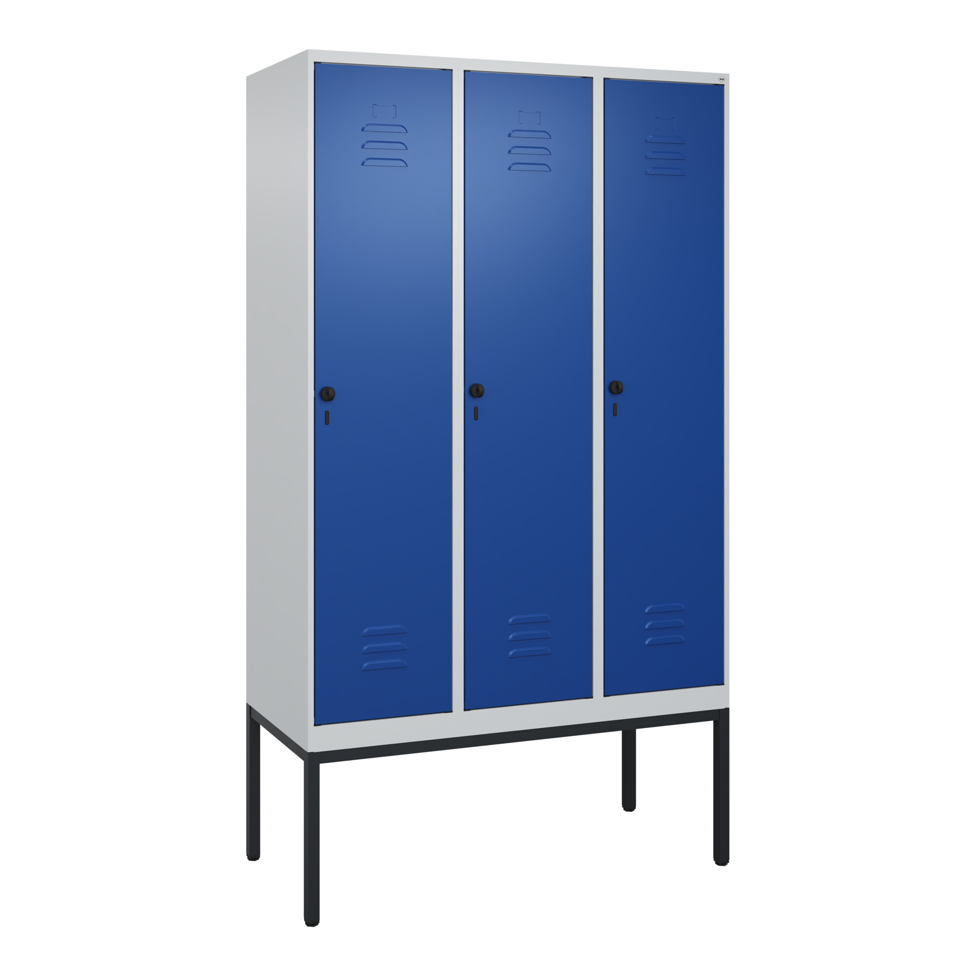 C+P Spind Classic PLUS, Gestell, 3 Abteile, 2120x1200x500mm, 7035/5010 Verschluss Sicherheits-Drehriegel 4 Garderobenhaken ; C + P Möbelsysteme